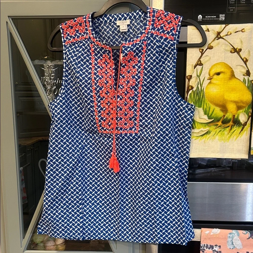 J. Crew Blue and Neon Cotton Embroidered Patterned Sleeveless Blouse 6